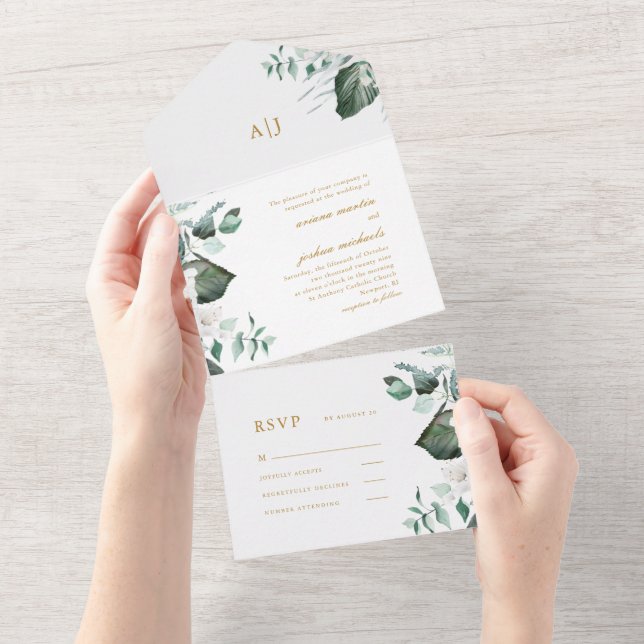 Schöne Hochzeit mit weißer Blüte und Grün All In One Einladung (Abreißen)