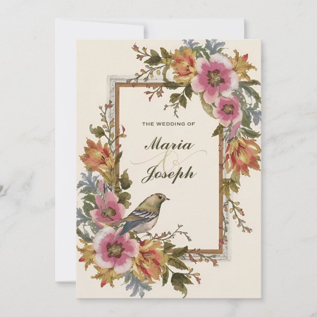 Schöne Hochzeit Vintager Blütenvögel Einladung (Vorderseite)