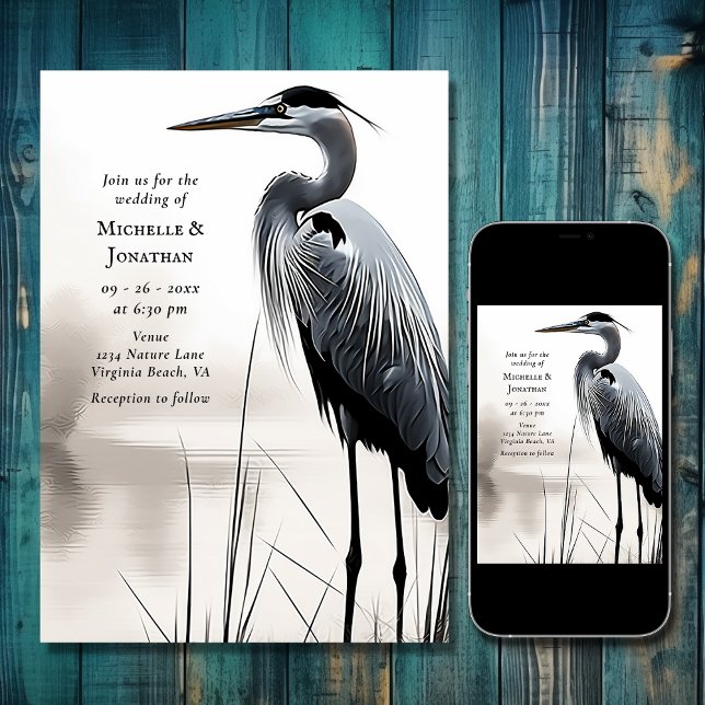 Schöne Hochzeit von Great Blue Heron Coastal Bird Einladung (Beautiful Great Blue Heron Water Bird Wedding Invitation)