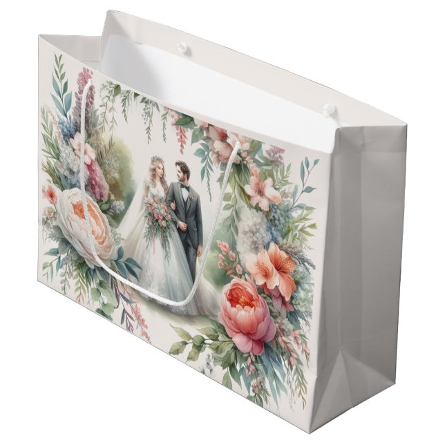 Schöne Hochzeitsflora mit Bride Groom Geschenktasc Große Geschenktüte (Vorderseite Schrägansicht)