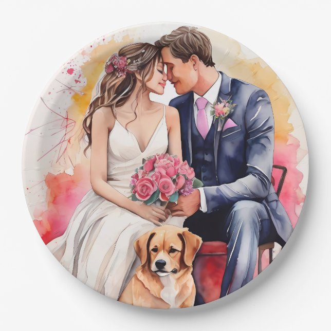 Schöne Hochzeitskuppel Wasserfarbe Pappteller (Vorderseite)