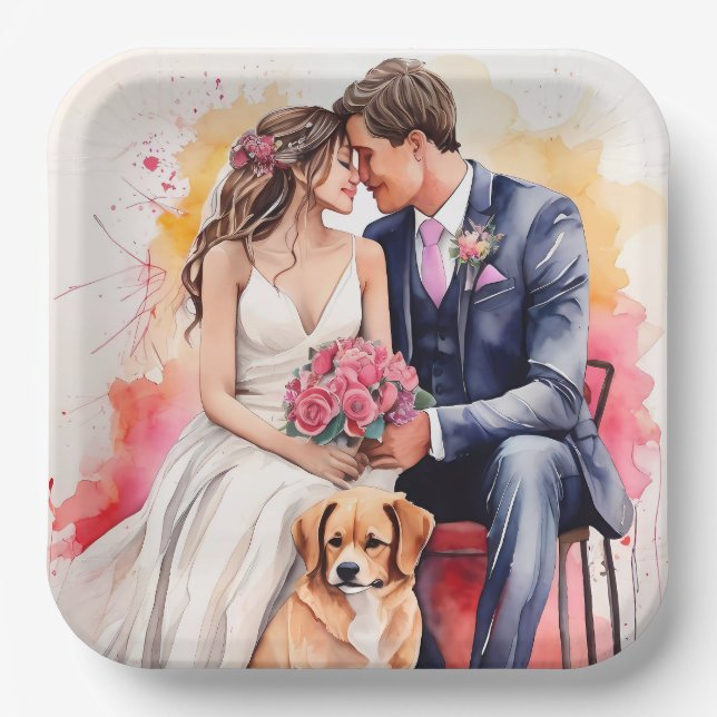Schöne Hochzeitskuppel Wasserfarbe Pappteller (Vorderseite)