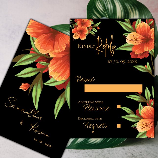 Schöne Hübsche dunkle Moody Orange Blumenhochzeit RSVP Karte (Beautiful Pretty Dark Moody Orange Floral Wedding RSVP Card)