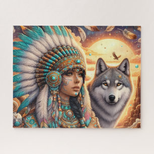Schöne indianische Frau mit Wolf