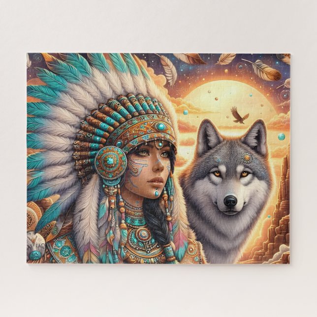 Schöne indianische Frau mit Wolf (Horizontal)