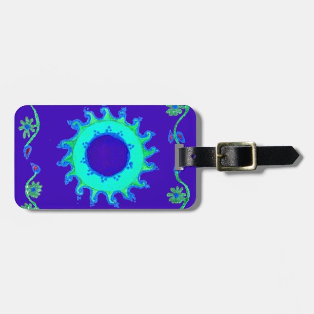 Schöne Iridescent Blue Floral Art Ölgemälde Gepäckanhänger (Vorderseite horizontal)