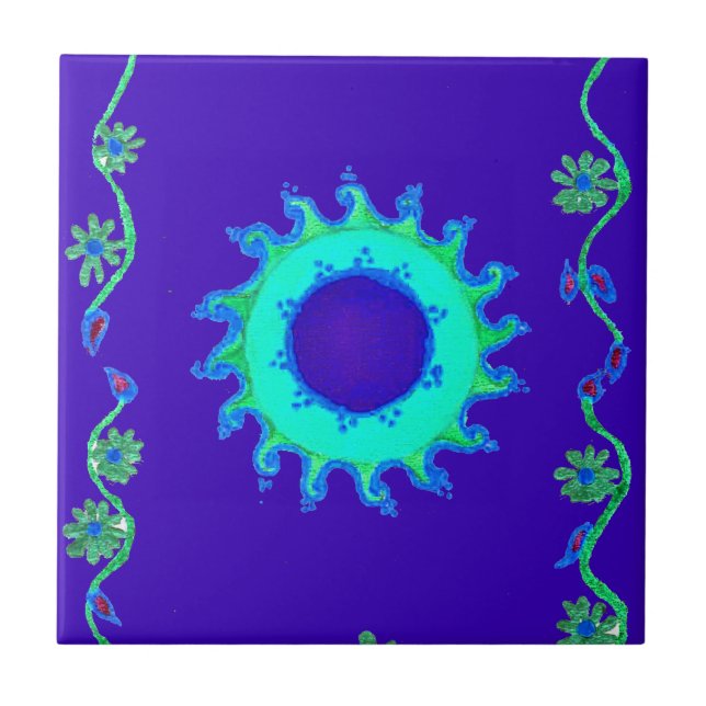 Schöne irisierende blaue Blumen-Kunst-Ölgemälde  Fliese (Vorderseite)