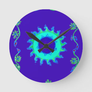 Schöne irisierende blaue Blumen-Kunst-Ölgemälde Runde Wanduhr