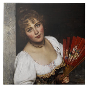 Schöne italienische Frau mit einem roten Fächer Fliese