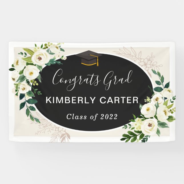 Schöne Ivory Green Floral Graduation Party Banner (Horizontal)