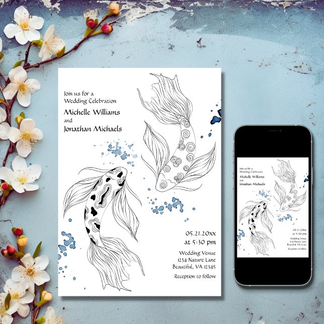 Schöne japanische Koi Fish Moderne Hochzeit Einladung (Printed and Digital - Beautiful Japanese Koi Fish Modern Wedding Invitation)