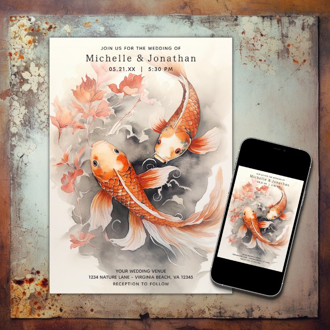 Schöne japanische Koi Fish Orange Beige Wedding Einladung (Printed and Digital - Beautiful Japanese Koi Fish Orange Beige Wedding Invitation)