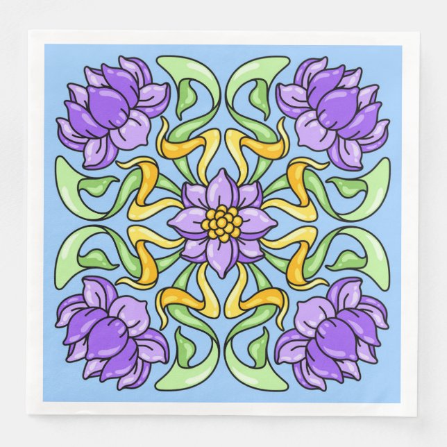 Schöne Jugendstil-Kachel mit violetten Blumen Serviette (Vorderseite)
