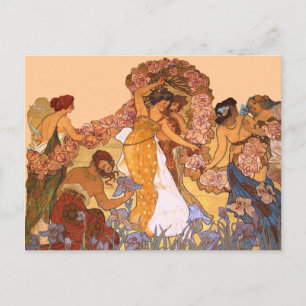 Schöne Jugendstilfrauen mit Iren und Rose Postkarte