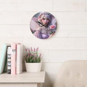 Schöne June Fairy in Rose Große Wanduhr