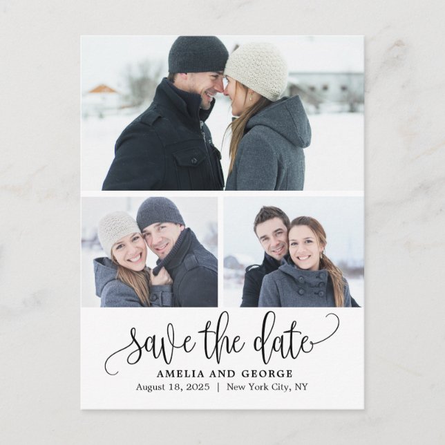 Schöne Kalligrafie 3 Fotos Save the Date Postkarte (Vorderseite)