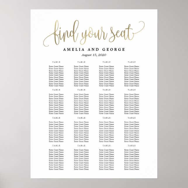 Schöne kalligraphische Imitate Gold Seating Chart  Poster (Vorne)