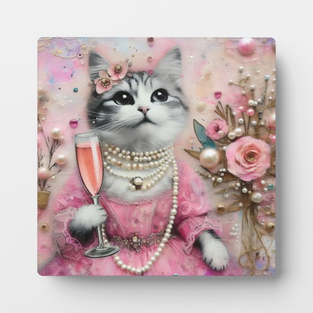 Schöne Katze in rosa Kleid mit Perlen Fotoplatte (Vorderseite)