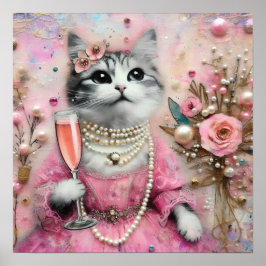 Schöne Katze in rosa Kleid mit Perlen Poster