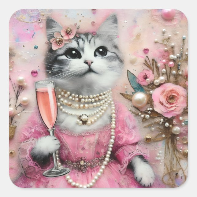 Schöne Katze in rosa Kleid mit Perlen Quadratischer Aufkleber (Vorderseite)