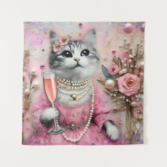 Schöne Katze in rosa Kleid mit Perlen Wandteppich (Vorderseite)