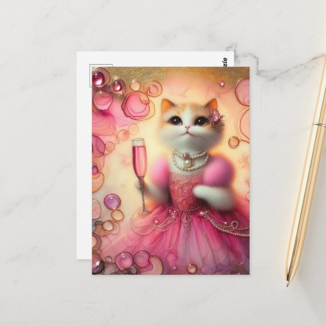 Schöne Katze in Rosa und Perlen mit Getränk in der Postkarte (Vorderseite/Rückseite Beispiel)