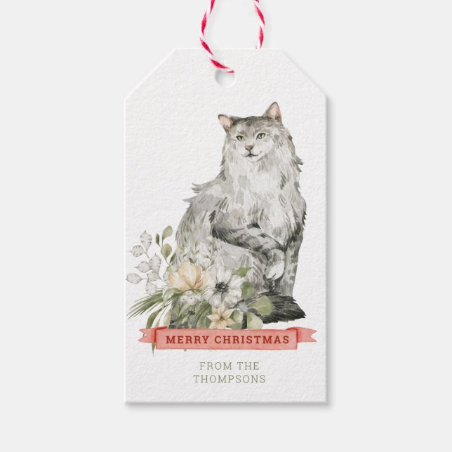 Schöne Katze mit Blume | Frohe Weihnachten Geschenkanhänger (Vorderseite)