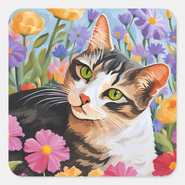 Schöne Katze mit Blume Quadratischer Aufkleber (Vorderseite)