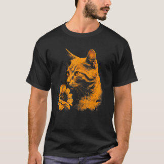 schöne Katze und Sonnenblumen-Porträt-Silhouette T-Shirt