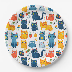 Schöne Kawaii Katzen, spielen mit weißem Spielzeug Pappteller