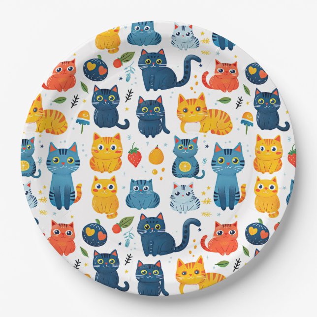 Schöne Kawaii Katzen, spielen mit weißem Spielzeug Pappteller (Vorderseite)