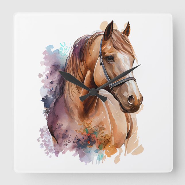 SCHÖNE KESTNUTZWASSERFARBENHORSE QUADRATISCHE WANDUHR (Vorderseite)