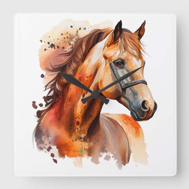 SCHÖNE KESTNUTZWASSERFARBENHORSE QUADRATISCHE WANDUHR (Vorderseite)