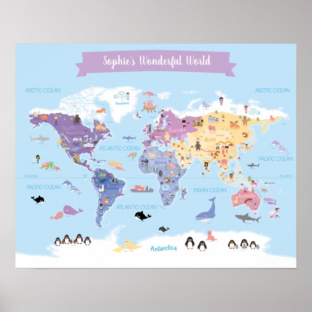 Schöne Kinder Weltkarte mit Illustrationen Poster (Vorne)