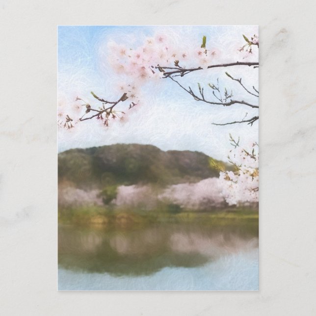 Schöne Kirschblüte und Teich Postkarte (Vorderseite)