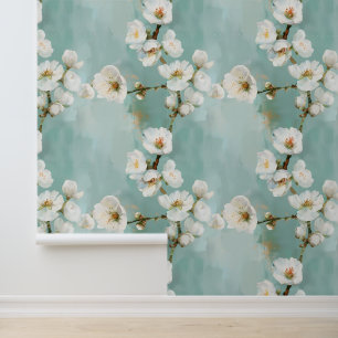 Schöne Kirschblüten auf blau-grün Tapete