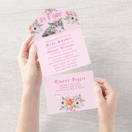 Schöne Kitten Blume Pink Es ist eine Girl Baby Dus All In One Einladung