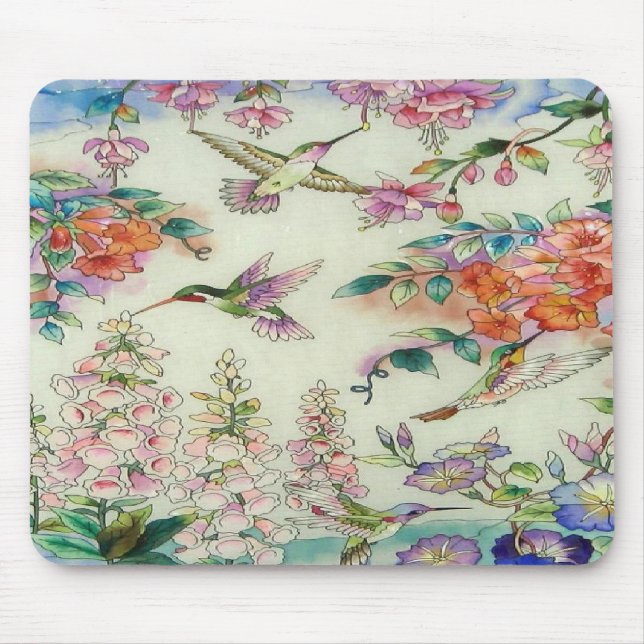 Schöne Kolibri-Blumen-beflecktes Glas-Kunst Mousepad (Vorne)