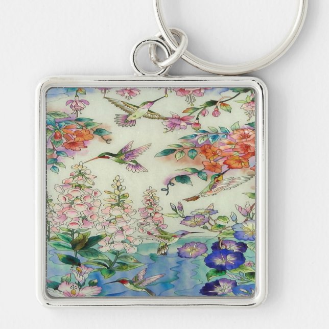 Schöne Kolibri-Blumen-beflecktes Glas-Kunst Schlüsselanhänger (Vorne)