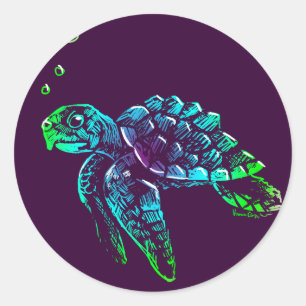 Schöne Kunst Scratchboard Meeresschildkröte Runder Aufkleber