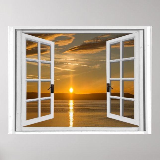 Schöne künstliche Fensteransicht mit Sonnenaufgang Poster (Vorne)