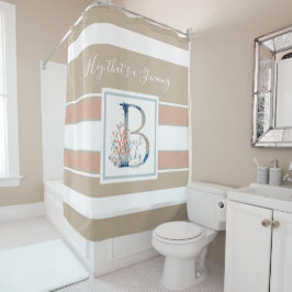 Schöne Küstenkoralle und blaues Monogramm gestreif Duschvorhang