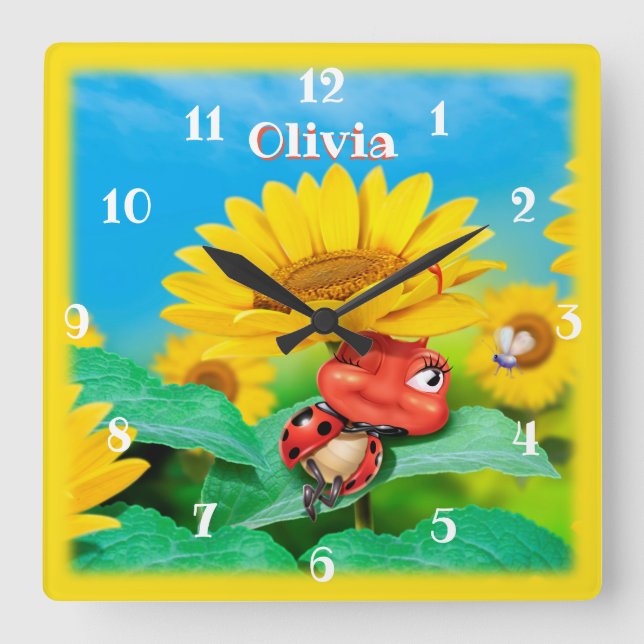 Schöne Ladybug snoozing auf Sonnenblumen. Quadratische Wanduhr (Vorderseite)