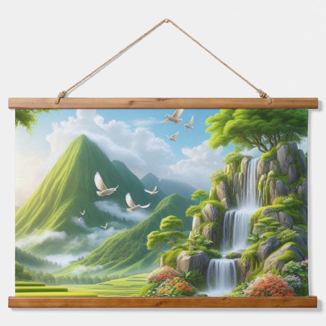 Schöne ländliche Umgebung mit Wasserfall Wandteppich Mit Holzrahmen (Vorne)