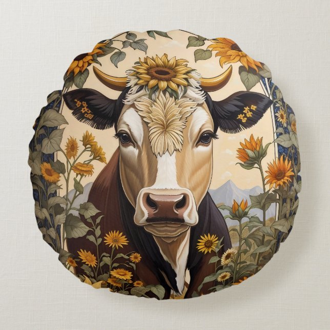 Schöne Landschaft Kuh Sonnenblume Dekorative Rundes Kissen (Vorderseite)