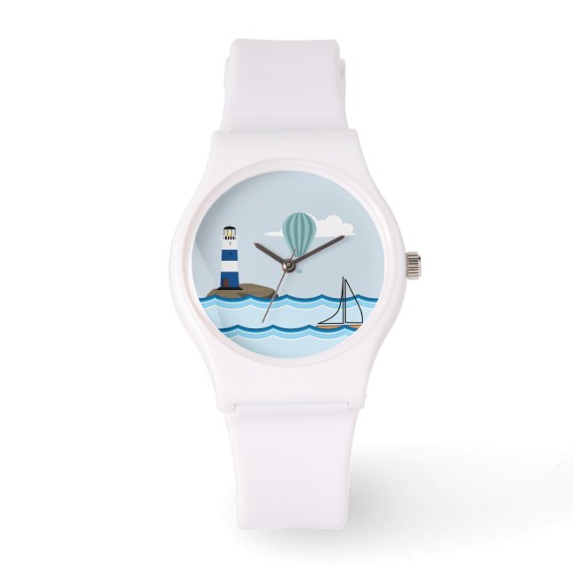 Schöne Landschaft mit Leuchtturm und Segelboot Armbanduhr (Vorderseite)
