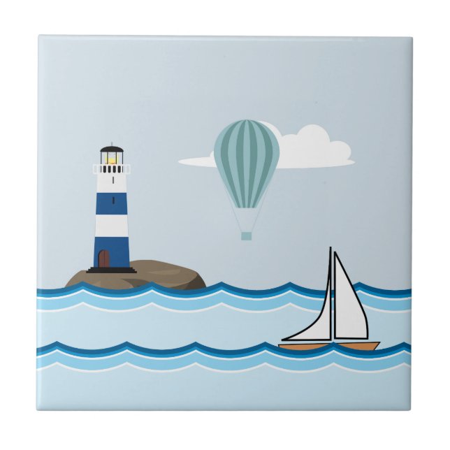 Schöne Landschaft mit Leuchtturm und Segelboot Fliese (Vorderseite)