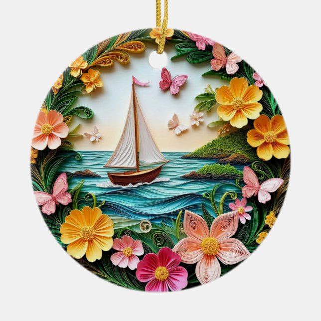 Schöne Landschaft mit Segelboot Keramik Ornament (Vorne)