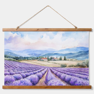 Schöne Lavendelfelder Aquarelle Wandteppich Mit Holzrahmen