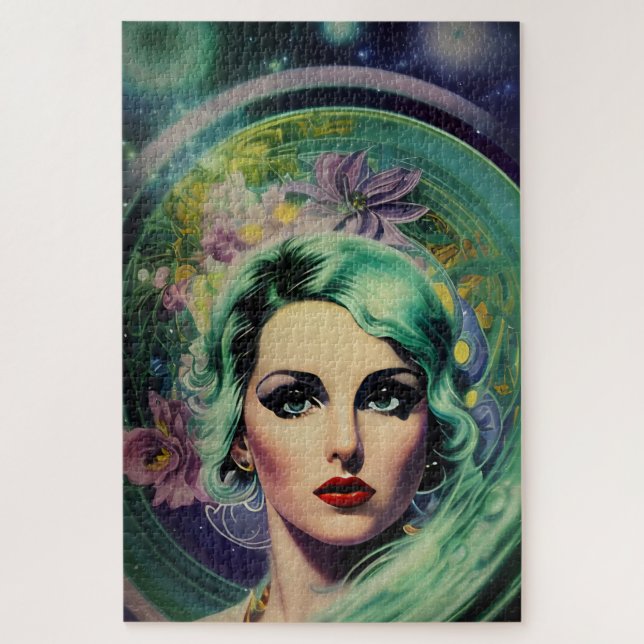 Schöne Lavender & Green Retro Style Space Frau (Vertikal)